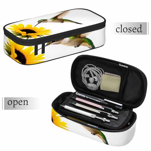 Image of Hummingbird Pencil Case Sunflower Small Bird Yellow Flower Lovely Scene Pencil Bag Pouch Box Organizer for College School Students Boy Girl