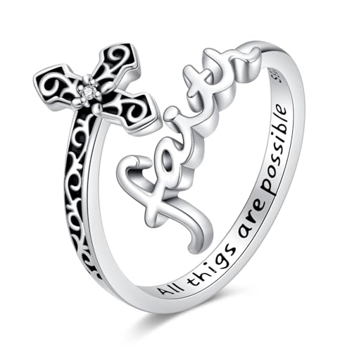 Bague avec croix de foi pour femme en argent 925 : bague religieuse chrétienne