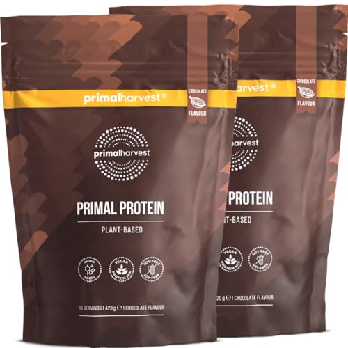 Primal Harvest Protein - Hochwertiges veganes Proteinpulver aus Fava-Bohnen- Kichererbsen- und Reisprotein mit 20 g pro empfohlener Tagesportion Schokoladengeschmack 2 Stück (30 Portionen)