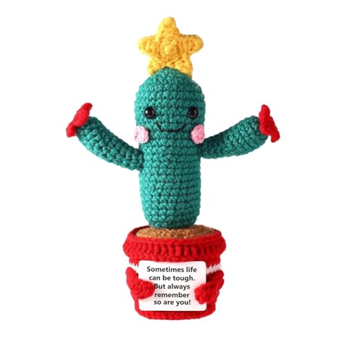 Nuytghr Cactus emotivo all'uncinetto, bambola di lana lavorata a maglia, peluche a stella ispiratrice, figura di supporto incoraggiamento, design con messaggio positivo, 18 x 5 cm, per la
