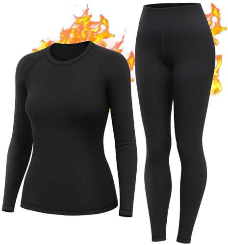 HiZiTi Camiseta Termica Mujer Invierno Conjunto Interior Termico Manga Larga Ropa para el Frio Extremo Camisetas Mallas Pantalones Leggings Térmicos Ropa Nieve Negro XL