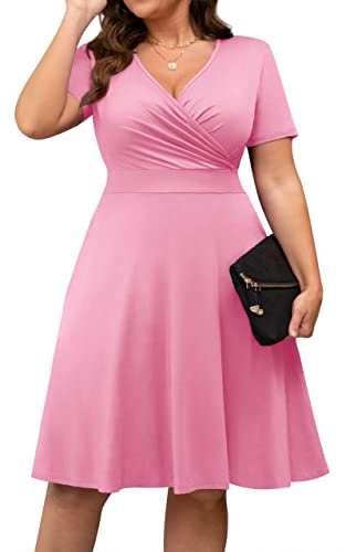 Image of POSESHE Womens Plus Size Dresses Summer Short Sleeve Wrap V-Neck Sundress Casual Wedding Guest Cocktail Dress with Pockets