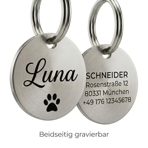 Hundemarke mit Gravur Personalisiert | Edelstahl Anhänger für Hunde & Katzen | Name + Symbolauswahl | Vorder- & Rückseite gravierbar | Dog Tag Namensschild Tiermarke | Rostfrei & Wetterfest (Silber)