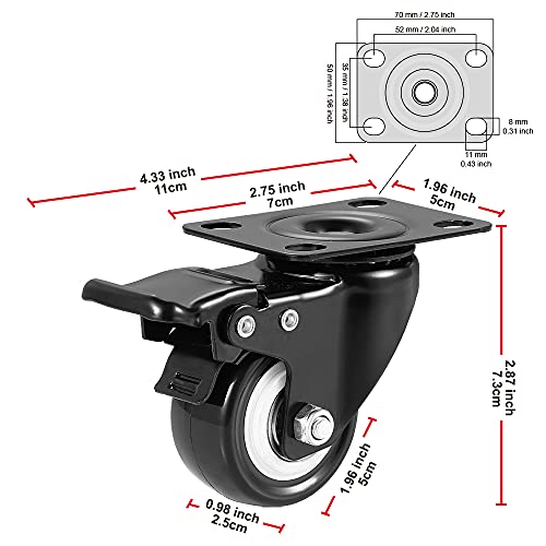 BOSGEOT 2\" Caster Wheels, Heavy Duty Casters with Brake Set of 4, Locking Casters with 360 Degree No Noise Polyurethane (PU) Wheels, Swivel Plate Castors Pack of 4 - Thumbnail 3