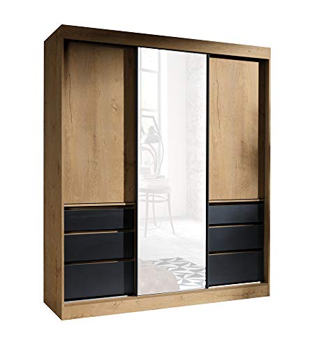 FurnitureByJDM Modern - Kompakt - Schiebetür Kleiderschrank mit Spiegel - Haiti - B: 180cm - H: 216cm - T: 65cm - (Eiche Lefkas/Schwarz) Cover