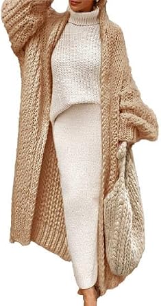 Maxi Crochet Cardigan Sweaters for Women Fall Open Front Long Sleeve Drop Shoulder Coatigan Chunky Knit Sweater Coats Jackets