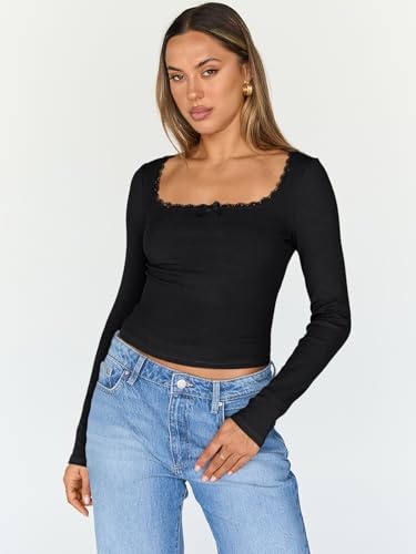 Trendy Queen Womens Long Sleeve Shirts Crop Square Neck Ribbed Tops Basic Slim Fit Y2K Fall Winter Clothes Outfits 20252