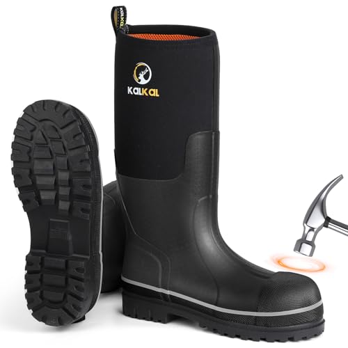 Kalkal Steel Toe Rubber Boots For Men, Waterproof Rubber Work Boots With Steel Shank, Puncture-Proof Safey Composite Toe Hunting Boots for Farming, Gardening, Fishing, Outdoor Work, Size 6-14