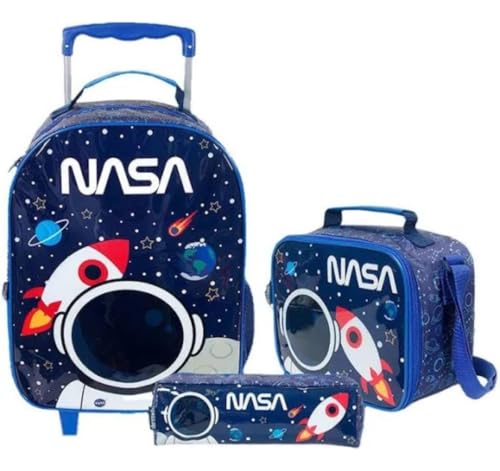 Kit de Mochila Infantil Dermiwil com Rodinhas, Lancheira e Estojo Nasa