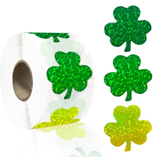500Pcs St Patricks Day Clover Stickers Roll - Laser Green Clover Shape Self-Adhesive Sealing Stickers 1.5inch Yellow Sparkly Waterproof Decals for St Patricks Day Party Envelope Scrapbook Decor