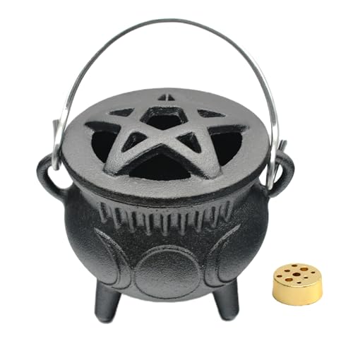 Cast Iron Cauldron with Lid & Handle Small Triple Moon Cast Iron Cauldron Pot Incense Burner Witchcraft Ideal for Cooking Smudging Ritual Purpose Sage Halloween Decoration