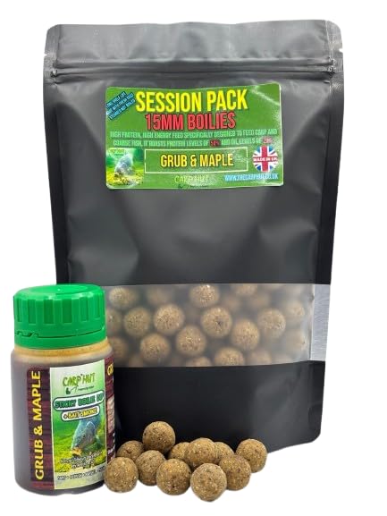 Carp Hut Grub & Maple 15mm Steamed Boilies Session Pack with Sticky Boilie Dip Hook Bait Booster