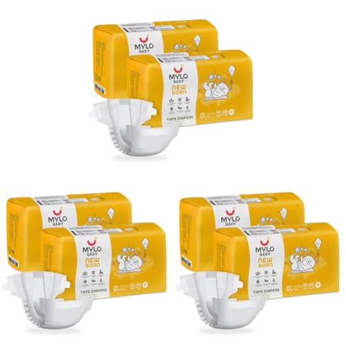 Image of Mylo Baby Tape Diaper Newborn (NB) Size Upto 5 kg Babies (52 Count) Leak Proof | Lightweight | Rash Free | Upto 12 Hours Protection | ADL Technology | with Zinc Oxide Layer (Pack of 3)