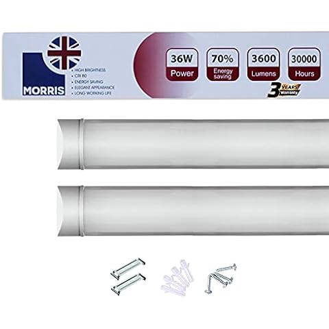 36w LED Batten Lights 4ft, 120cm, 6000k Daylight, IP20 LED Fluorescent Strip Light Fitting for Ceiling of Home & Office, Workshop & Garage Lighting, Pack of 2 Cover