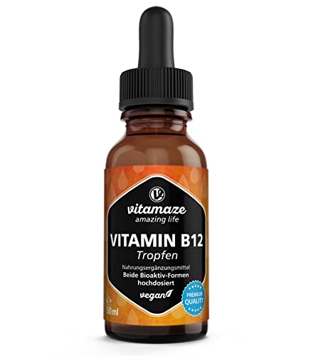 Vitamine B12 Gouttes 500 mcg par Dose Quotidienne, Methylcobalamin & Adenosylcobalamin à Haute Dose, Vegan & Liquide, 50 ml (1700 Gouttes), Haute Biodisponibilité, Pas d'additifs Inutiles Cover