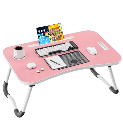 Image of Folding Lap Desk, 23.6 Inch Wood Laptop Bed Desk with Cup Holder, Portable Bed Table for Working Writing Reading & Eating for Bed, Sofa, Couch, Floor - Pink