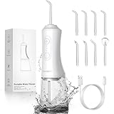 Idropulsore Dentale DIHOOM, Irrigatore Orale 300ml Professionale 3 Modalit&agrave; e 8 Ugelli, Water Flosser USB Ricaricabile e IPX7 Impermeabile Idropulsore Dentale Portatile pe (Bianco)