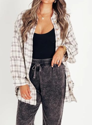 Women's Seams Raw Edge Washed Oversized Shirt Jacket with Pockets,Plaid Button Down Long Shirts Coats2