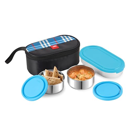 Image of CELLO MF Trent Plus Lunch Box with Bag for Office, Blue | 300ml x 2 Steel Containers, 500ml Oval Plastic Containers, Leak Proof Airtight Snap Lock Lid Tiffin Box Set for School Kids, College & Travel