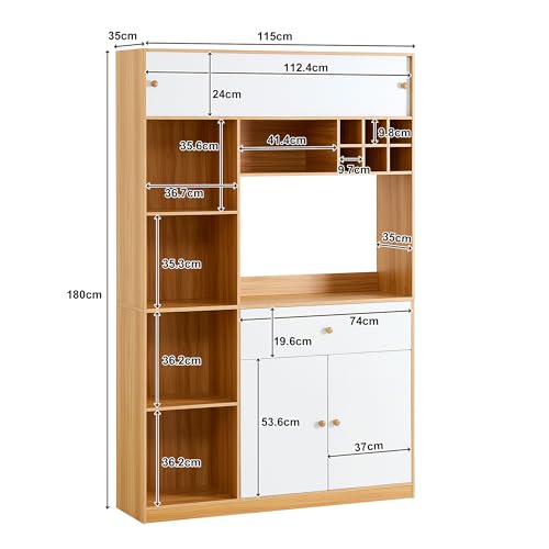 BNUZ Mueble de cocina, 115×35×180cm Blanco+Natural Buffet, con un cajón, TRES puertas y estantes para guardar cubiertos, gran espacio para microondas - imagen 2