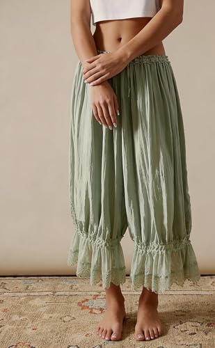 Image of NUFIWI Women Ruffle Long Bloomer Y2k Lace Trim Pettipants Pantaloons Mid Rise Cropped Pajama Pants Under Dress Slips