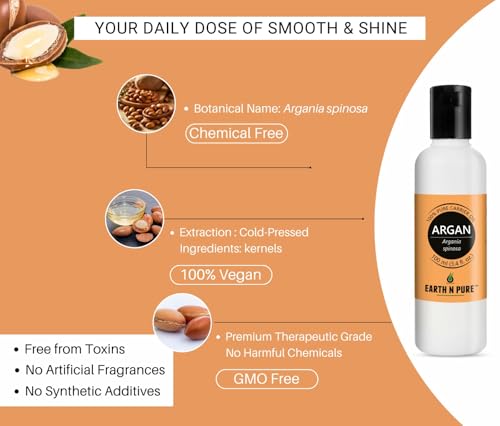 Image of Earth N Pure Argan Oil | 100% Pure & Natural | Cold Pressed Moroccan Argan Oil | Hair, Skin, Nails & Beard | Hair Shine, Frizz Control & Skin Moisturization | 30ml