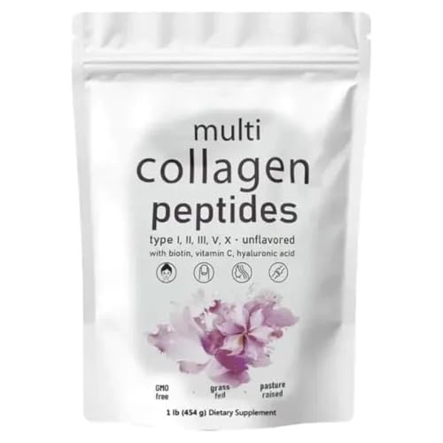 Multi Collagen Complex Peptides Powder, Types I II III V X, with Biotin, Unflavoured, GMO Free, Grass Fed, 454g