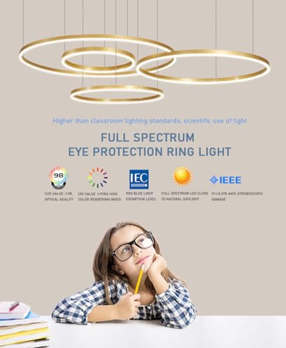Éclairage 3 bagues LED et sa télécommande, lustre gold minimaliste