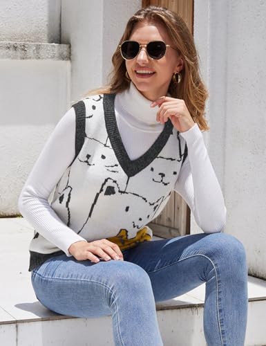 Image of Gihuo Womens Cat Sweater Vest V Neck Y2k Graphic Knitted Vests Pullover Sleeveless Knitwear Cute Tunic Knit Top