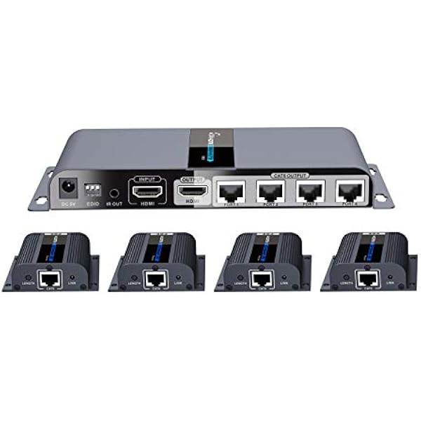 PremiumCord HDMI 1-4 Splitter + 4x Extender za Pomocą Kabla CAT6/6a/7, z Zasilaczem, Metalowa Obudowa, Rozdzielczość Wideo Full HD 1080p 60Hz, 3D, HDCP, Kolor Czarny