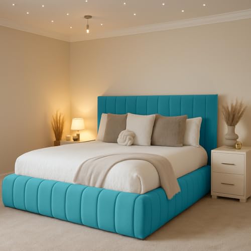 S&W DECORE 4FT6 Double Bed Frame With Headboard And Mattress Upholstered In Plush Velvet Teal Bed Wooden Slats - No Storage (Teal Plush, 4FT6 Double With Mattress)