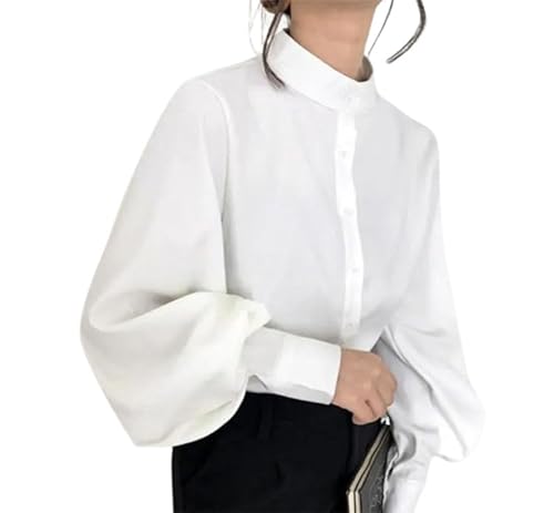 バルーン袖 バンドカラー シャツ ブラウス レディース ぽわん袖 スタンドカラー 長袖 トップス ボリューム袖 春 秋 可愛い カジュアル シンプル 無地 きれいめ 上品 おしゃれ 立ち襟 パフ袖