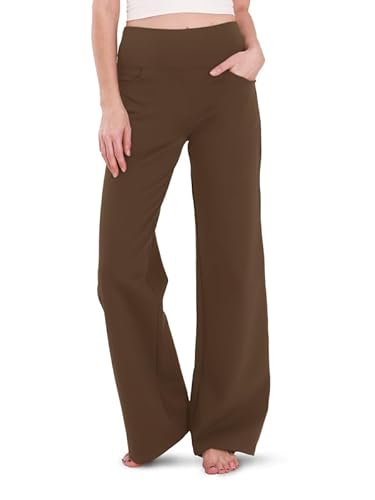 Houmous Wide Leg Pants Women Cotton Yoga Pants High Waist Loose Lounge Stretch Trousers with Pockets, 28 Inseam, Brown, L