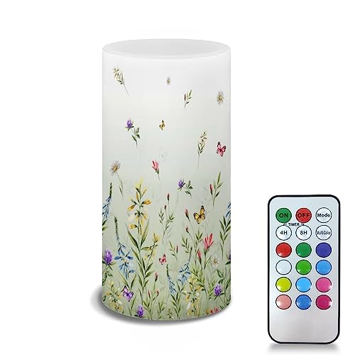 Image of Flameless Candle with 18 Key Remote 4 /8 Hours Timing Color Changing, Flickering Wick Realistic Votive Electric Candle for Patio Desktop Home Ornaments, Floral Green