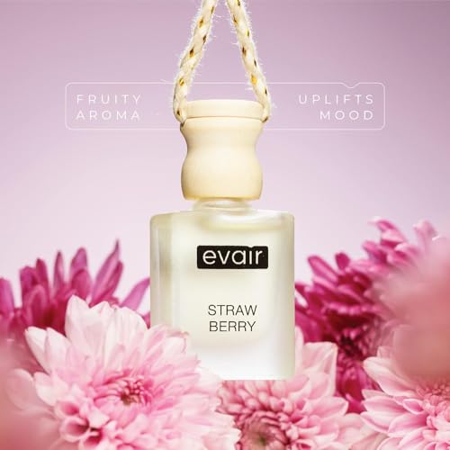 Image of Evair Strawberry Car Air Freshener | Hanging Car Perfume | Premium Car Fresheners | Car Aroma with Essential Oils| Hanging Perfume for Car in Glass Bottle with Wooden Diffuser Lid (10ml, Pack of 1)