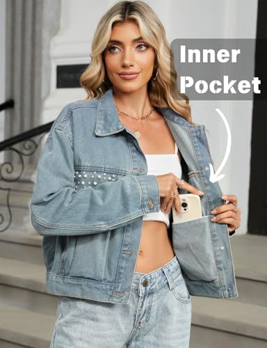 happlan Women Denim Jacket Rhinestones Beads Pearls Jeans Coat2