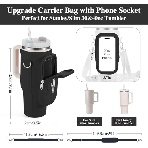 Image of linmaya Water Bottle Carrier Bag with Phone Pocket for Stanley 40 /30 oz Tumbler Neoprene Water Bottle Holder Pouch with 2 Adjustable Strap & 3 Leak Stoppers for Stanley Cup Accessories