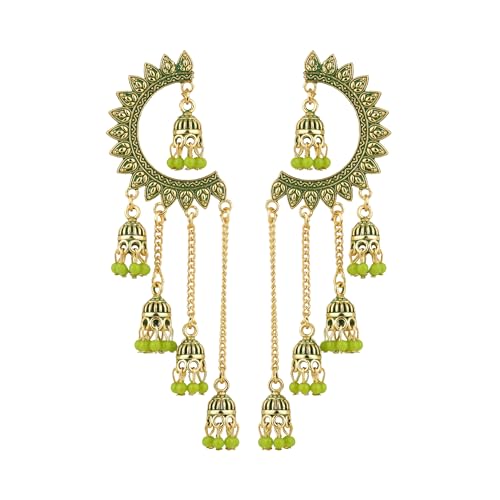 Image of WORLD CRAZE Multicolour long kashmiri jhumka for women chandbali earrings chand baliyan | kashmiri earrings for women | bahubali earrings stylish | Traditional Indian Festive Jewelry | Long Chain Tassels | Pearl Drop Latkan Jewellery (Multi colour)