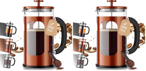 Image of Veken French Press Coffee Maker,No Plastic Touching Cafe,34oz 1L Cafetera,Heat Resistant Thickened Borosilicate Glass Stainless Steel Brewer,Pot for Kitchen,Travel,Camping,Tea,Gifts,Copper (Pack of 2)