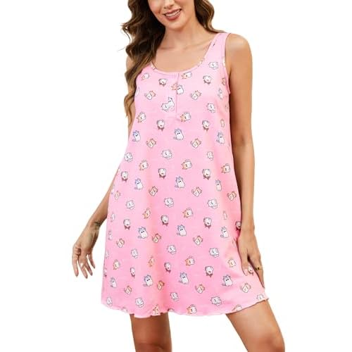 Marvmys Women Cotton Sleeveless Tank Nightgowns Summer Henley Lettuce Hem Nightshirts Sleepwear with Pocket S-2XL Small Pink Cat