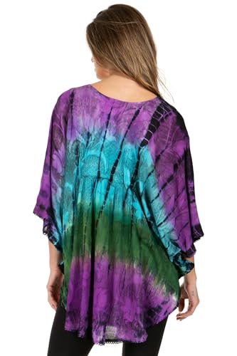 Sakkas Ellesa Ombre Tie Dye Circle Poncho Blouse Shirt Top with Sequin Embroidery2