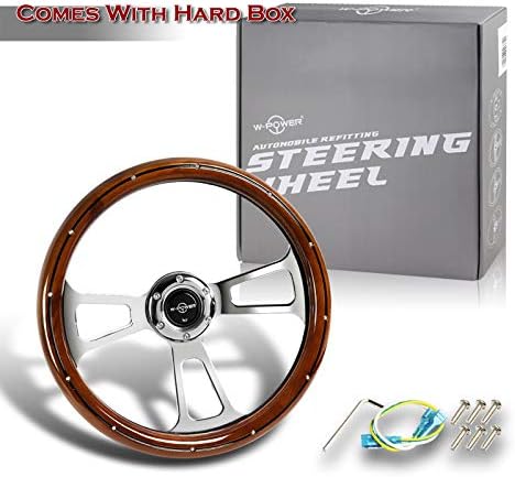 W-Power, 13.5" Universal 343mm 6 Bolt Hole Deep Dish Billet Streak Aluminum Polished Wood Grain Trim Vintage Steering Wheel