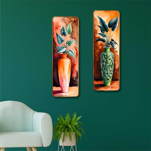 Image of Livin'luxe Vase Plant Set of 2 Vertical MDF Wall Panels | Premium Sparkle Lamination Finish | Modern Artistic Pot & Leaf Design Wall Decor for Living Room & Bedroom 20 Inch x 30 Inch