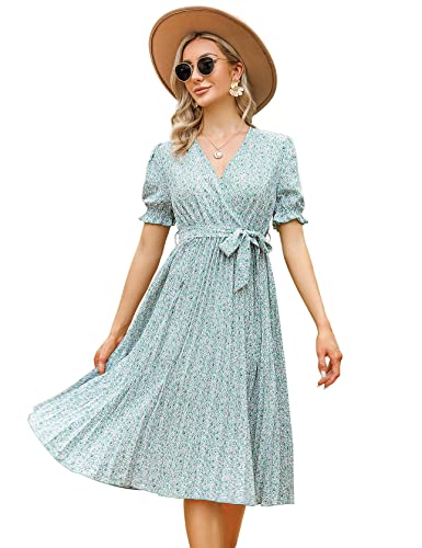 KOJOOIN Damen Sommerkleid V Ausschnitt Tunika Midikleid Plissiert Wickelkleid Kurzärm Casual Kleid A-Linie Freizeitkleid mit Gürtel, Grüne Blume-1, S