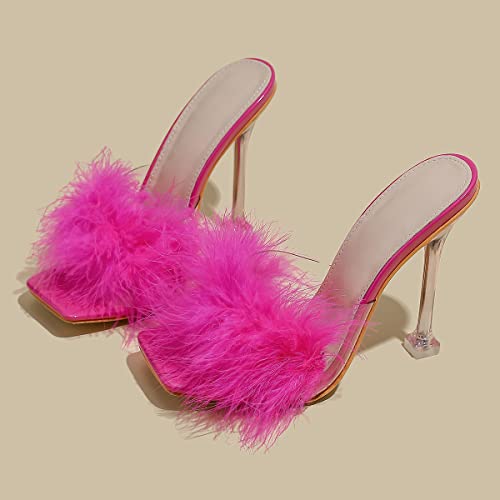 azmodo Women Feather Clear PVC Slippers Square Toe Stilettos Slides Transparent Crystal High Heels Sandals Mules Party Shoes Glass Heels (Pink, 9) by azmodo - Used condition - Image 3