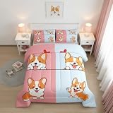Castle Fairy Kids Cartoon Dog Twin Size Comforter Set Doggy Corgi Family Pet Theme Bedding Kids Girls Room Pink Blue Bottom Quilted Duvet with 1 Pillowcase,2 Pcs