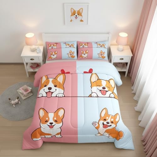 Castle Fairy Kids Cartoon Dog Twin Size Comforter Set Doggy Corgi Family Pet Theme Bedding Kids Girls Room Pink Blue Bottom Quilted Duvet with 1 Pillowcase,2 Pcs