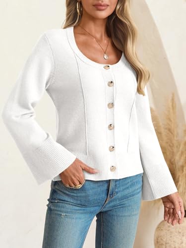 Image of Saodimallsu Womens Bell Sleeve Cardigan Sweaters Button Down Long Sleeve Fall Trendy Sweaters 2025 U Neck Knit Outwear