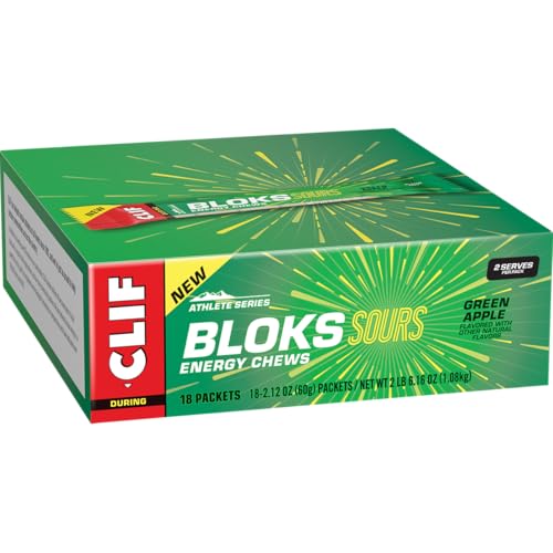 Image of Clif Bloks Sours - Green Apple Flavor - Energy Chews - Non-GMO - Plant Based - Fast Fuel for Cycling and Running - Quick Carbohydrates and Electrolytes - 2.12 oz, 18 Count (Pack of 8)