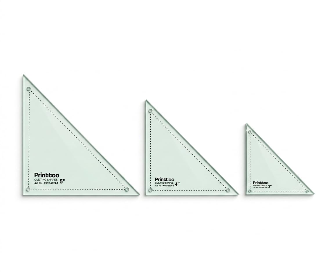 Printtoo Set di modelli triangolari a 90 gradi, 2 mm, in acrilico, per trapunte, patchwork, 7,6 cm, 10,2 cm, per metà quadrato, triangolo, blocchi, taglio tessuto, cucito, fai da te, creazione di